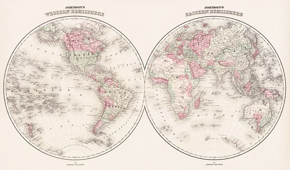 Johnsons Western and Eastern Hemisphere 1866 art print by Johnson and Ward for $57.95 CAD