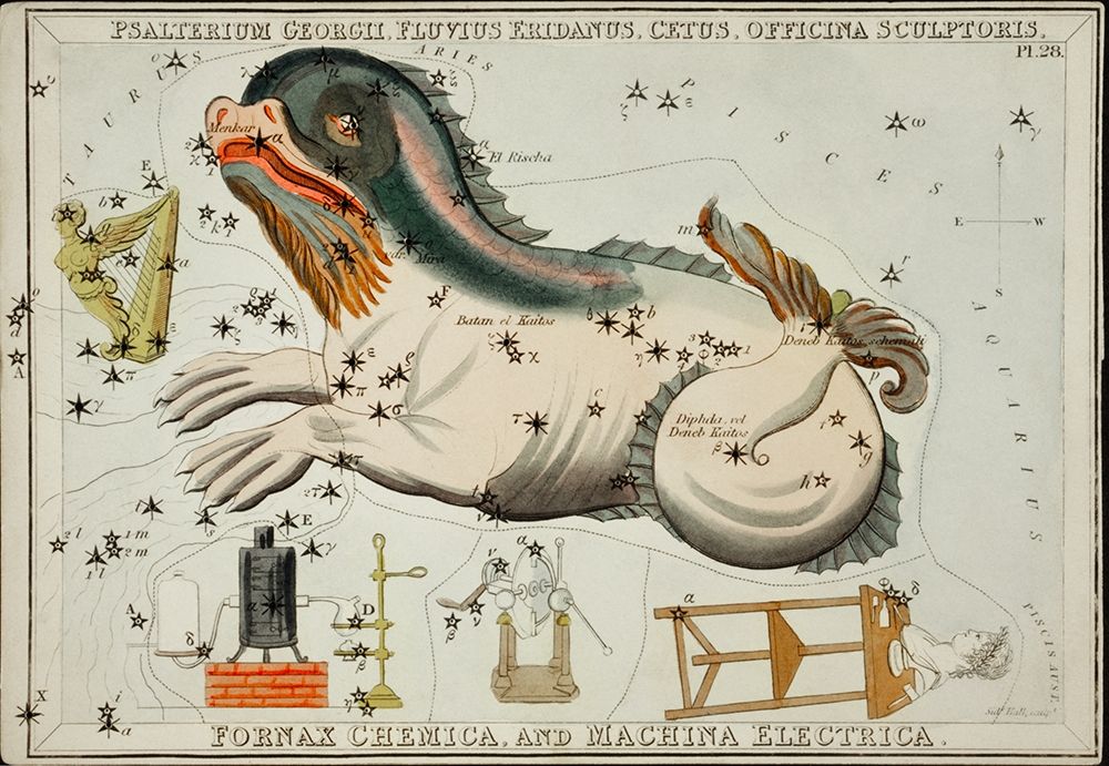 Astronomical chart illustration of the Psalterium Georgii-Fluvius Eridanus-Cetus-Officinal Scupltori art print by Sidney Hall for $57.95 CAD