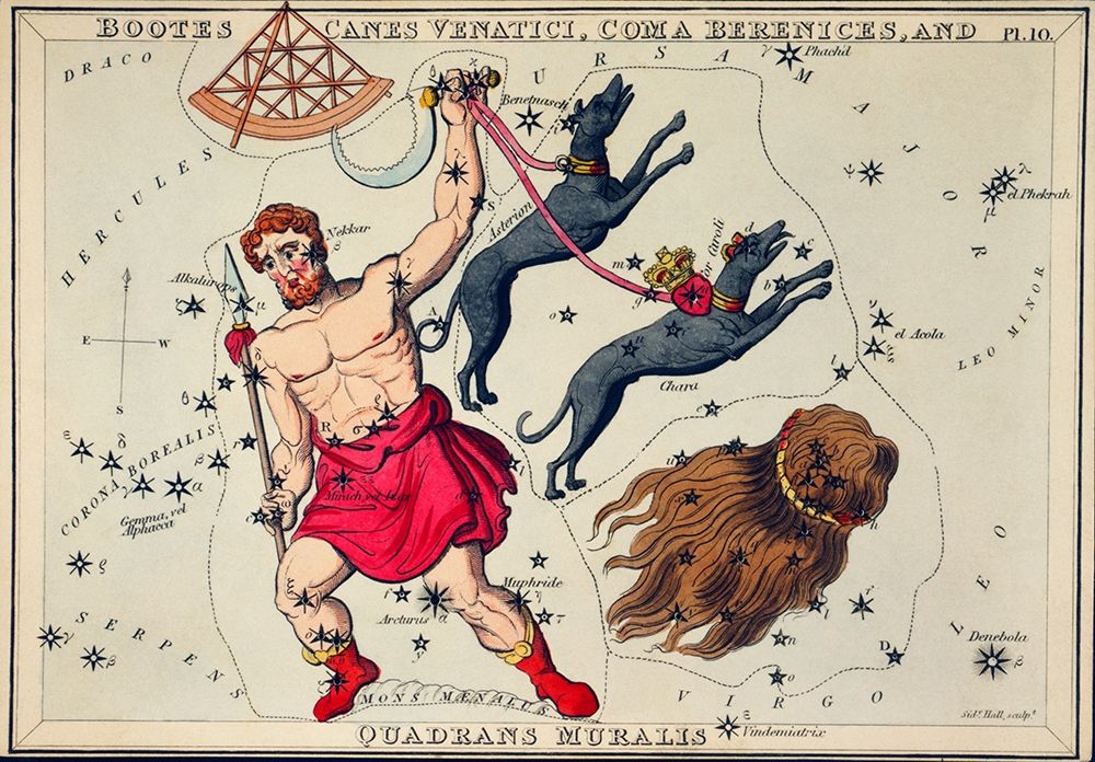 Astronomical chart illustration of Bootes Canes Venatici-Coma Berenices-and Quadrans Muralis art print by Sidney Hall for $57.95 CAD