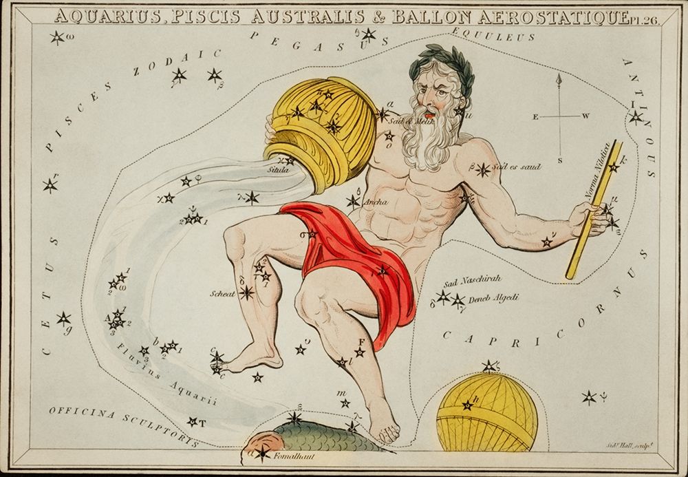 Astronomical chart illustration of the Zodiacs Aquaris-Piscis Australis and Ballon Aerostatique art print by Sidney Hall for $57.95 CAD
