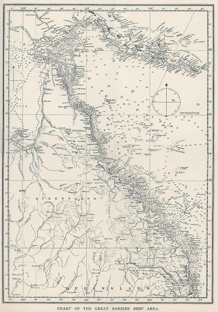 Chart of the Great Barrier Reef Area of Australia 1893 art print by William Saville Kent for $57.95 CAD