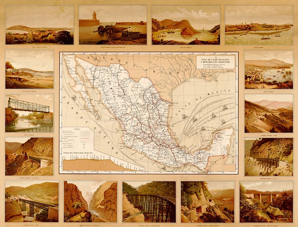 Roads Harbors waterways bridges highways and coastlines of Mexico art print by Vintage Maps for $57.95 CAD