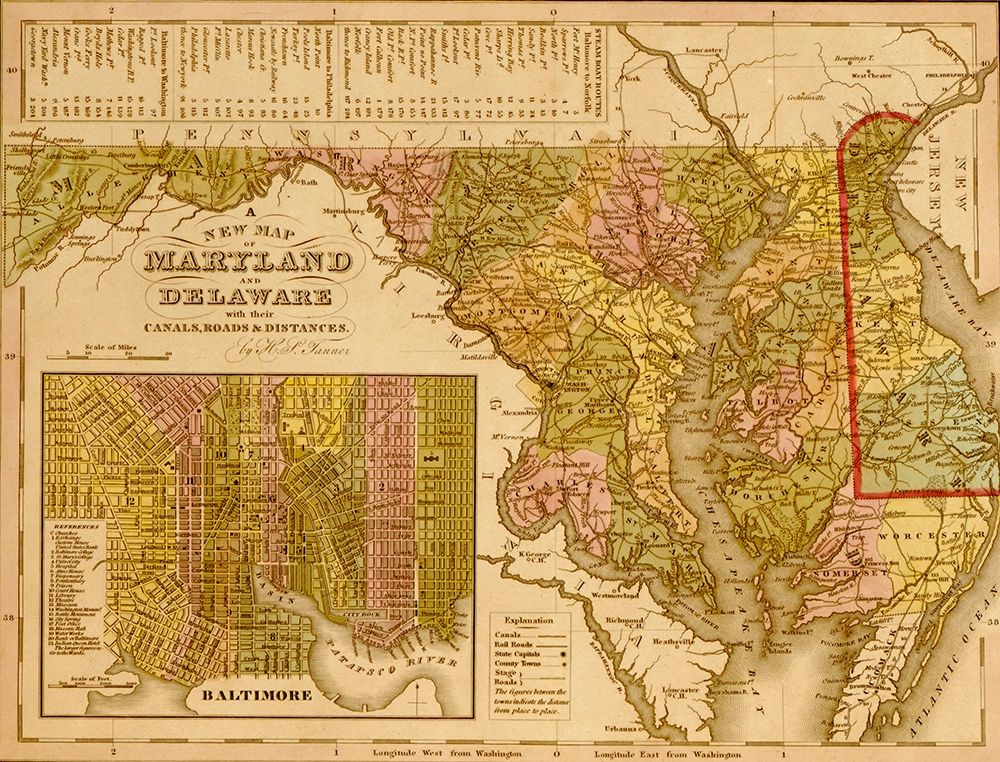 Maryland Delaware and Baltimore 1844 art print by Vintage Maps for $57.95 CAD