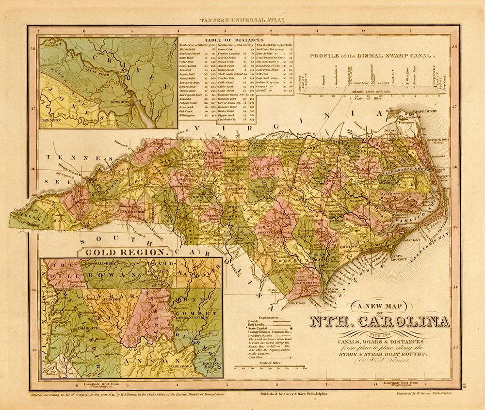 North Carolina 1844 art print by Vintage Maps for $57.95 CAD