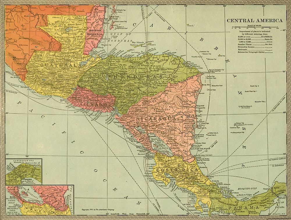 Panama Costa Rica Hondouras Guatemala Salvador British Honduras 1903 art print by Vintage Maps for $57.95 CAD