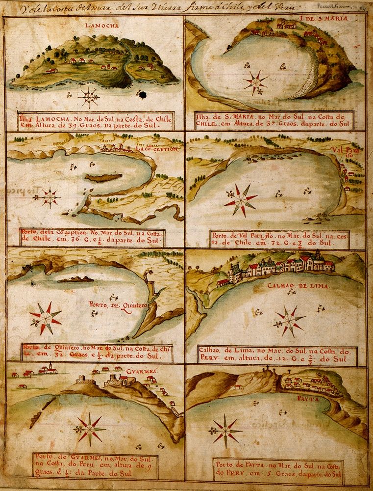 Ports and Island on the Coast of Peru and Chile 1630 Portuguese Map art print by Vintage Maps for $57.95 CAD