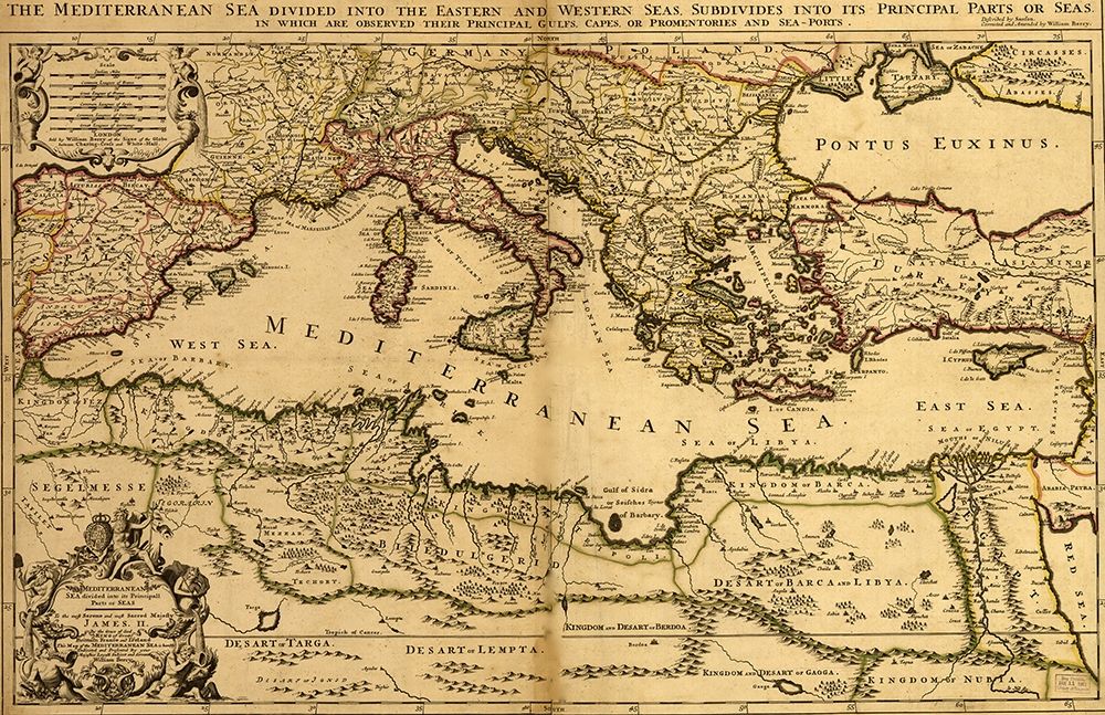 Mediterranean Divided into its Principal Parts 1685 art print by Vintage Maps for $57.95 CAD