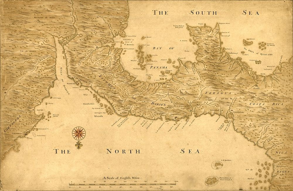 Isthmus of Panama from Cartagena to Nicaragua showing both coasts 1750 art print by Vintage Maps for $57.95 CAD