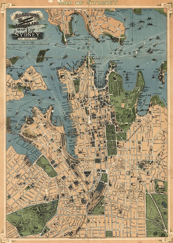 Aeroplane map of Sydney Australia 1922 art print by Vintage Maps for $57.95 CAD