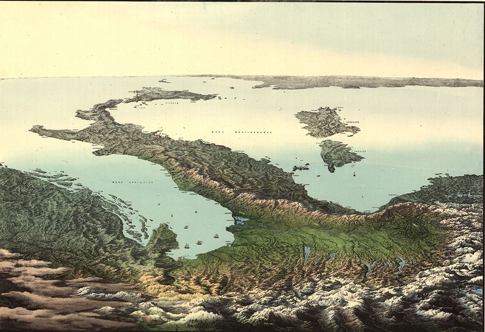 Pictorial aerial map of the Italian Peninsula and Sicily 1800 art print by Vintage Maps for $57.95 CAD