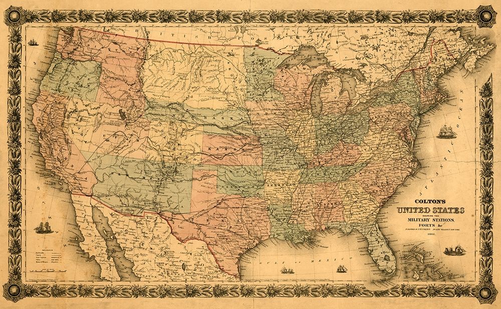 Military Forts Posts and Bases in the United States 1861 art print by Vintage Maps for $57.95 CAD