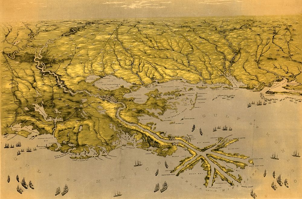 Birds eye view of Louisiana Mississippi Alabama and part of Florida 1861 art print by Vintage Maps for $57.95 CAD