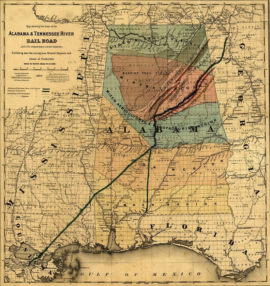 Alabama and Tennessee River Rail Road 1867 art print by Vintage Maps for $57.95 CAD