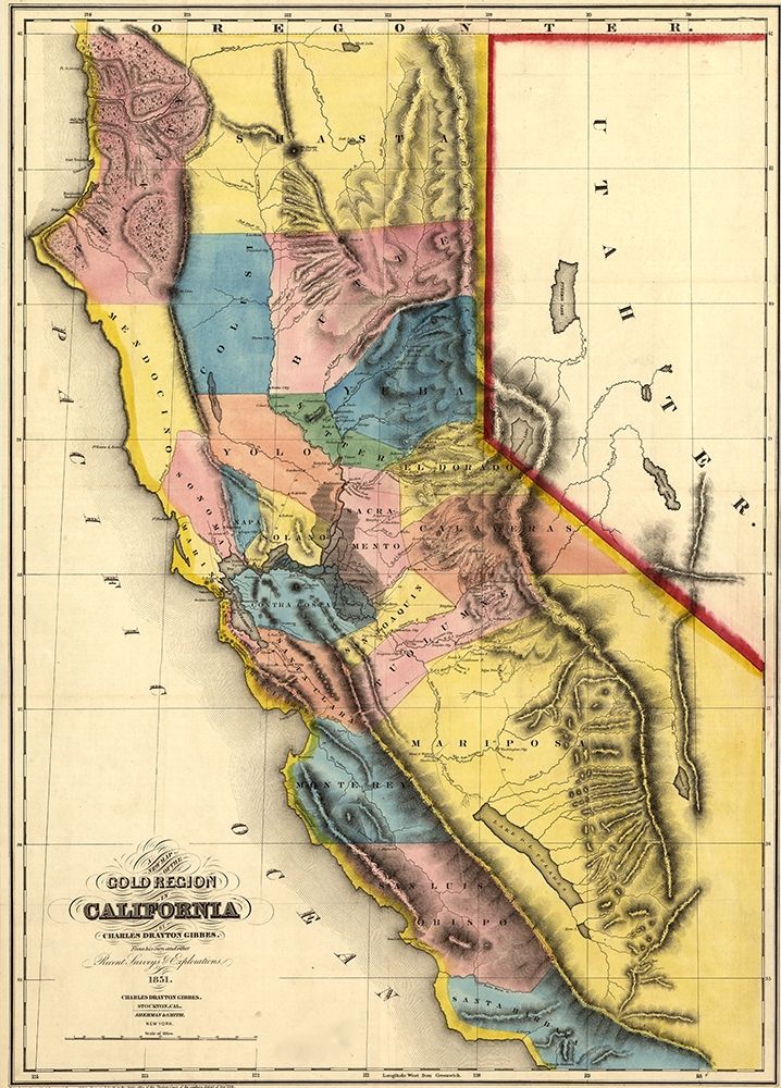 California Gold Fields 1851 art print by Vintage Maps for $57.95 CAD