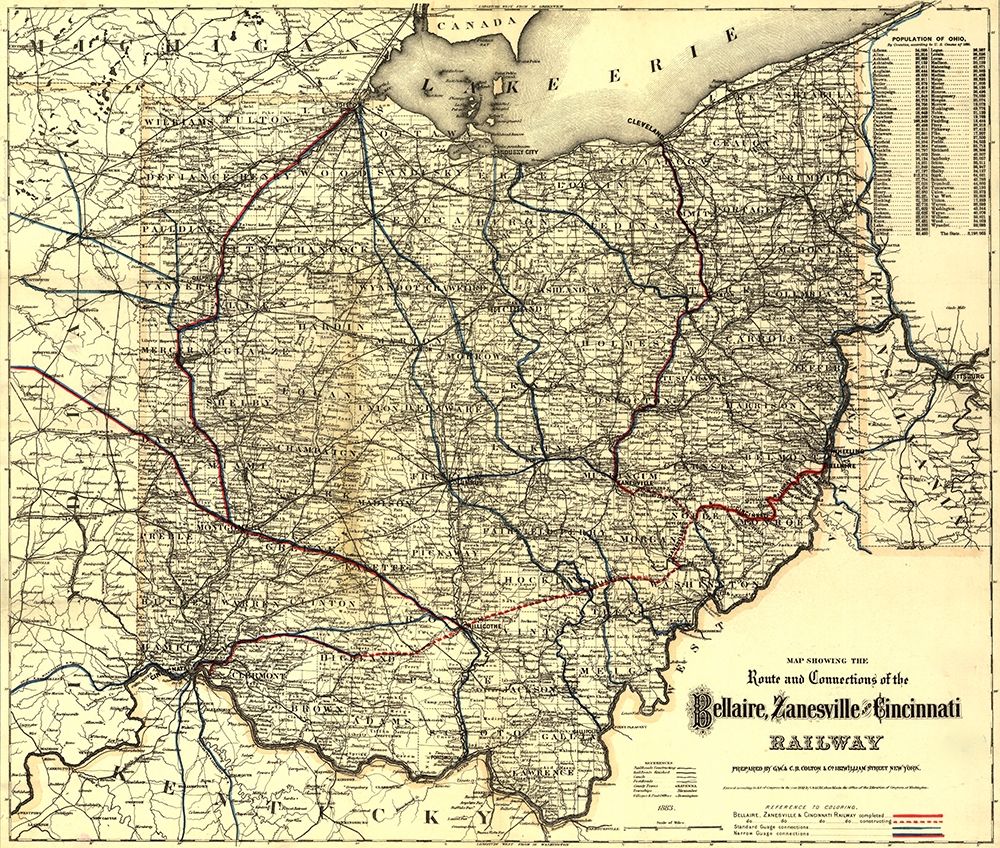 Bellaire Zanesville and Cincinnati Railway 1883 art print by Vintage Maps for $57.95 CAD
