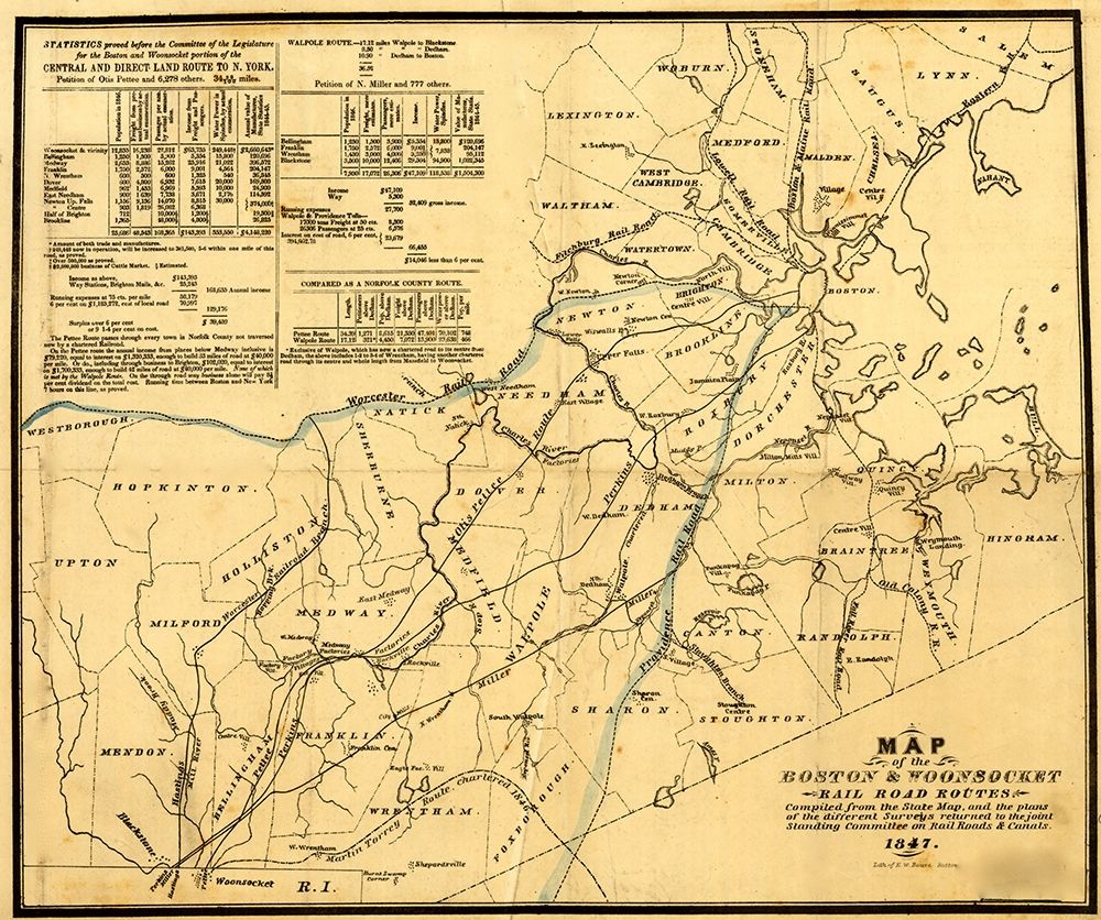 Boston and Woonsocket 1847 art print by Vintage Maps for $57.95 CAD