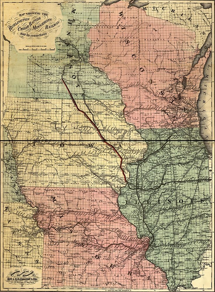 Burlington Cedar Rapids and Minnesota Railway 1868 art print by Vintage Maps for $57.95 CAD