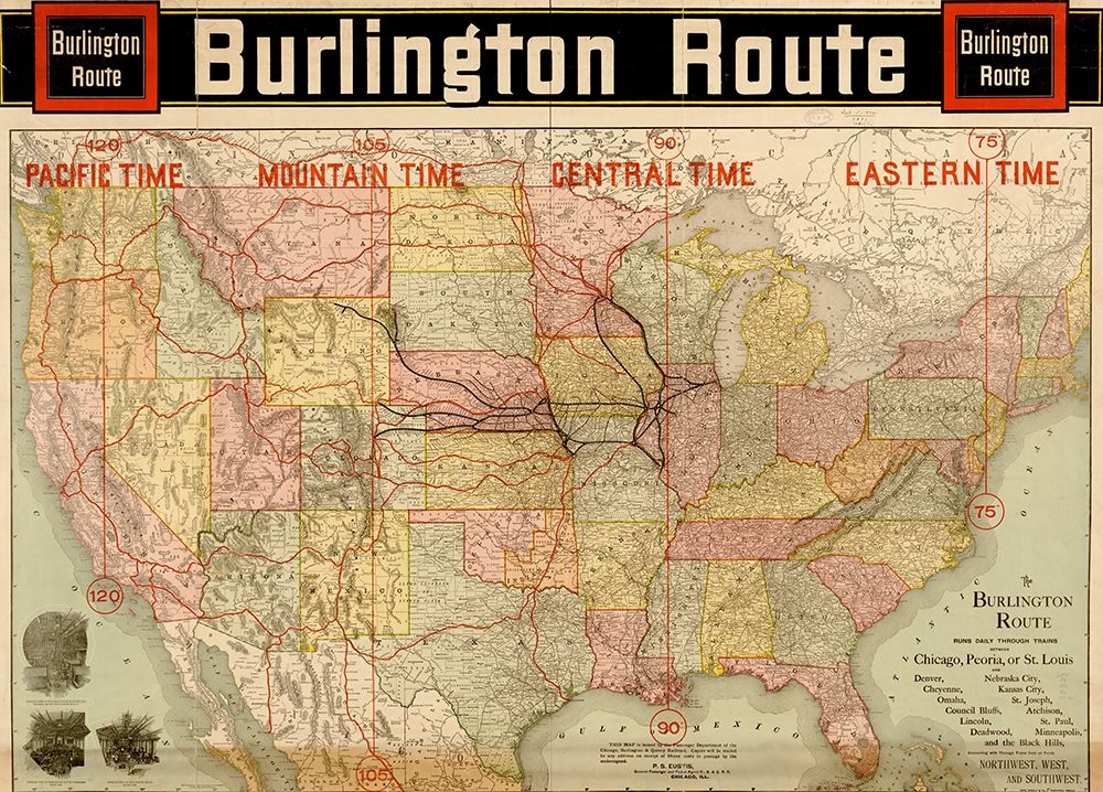 Burlington Route with Time Zones 1892 art print by Vintage Maps for $57.95 CAD