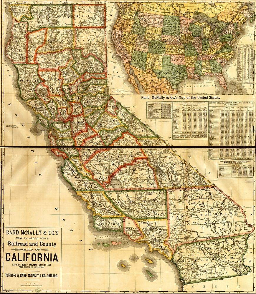 Railroad and county map of California showing every railroad station and post office 1883 art print by Vintage Maps for $57.95 CAD