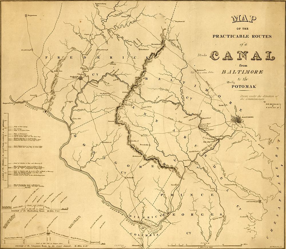 Practicable routes of a canal from Baltimore to the Potomac 1838 art print by Vintage Maps for $57.95 CAD