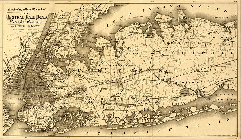 Central Rail Road Extension Company of Long Island 1873 art print by Vintage Maps for $57.95 CAD