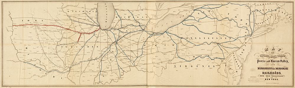 Chicago and Rock Island Peoria and Bureau Valley and Mississippi and Missouri railroads 1852 art print by Vintage Maps for $57.95 CAD