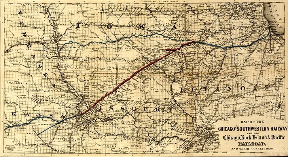 Chicago and Southwestern Railway and the Chicago Rock Island and Pacific Railroad 1869 art print by Vintage Maps for $57.95 CAD