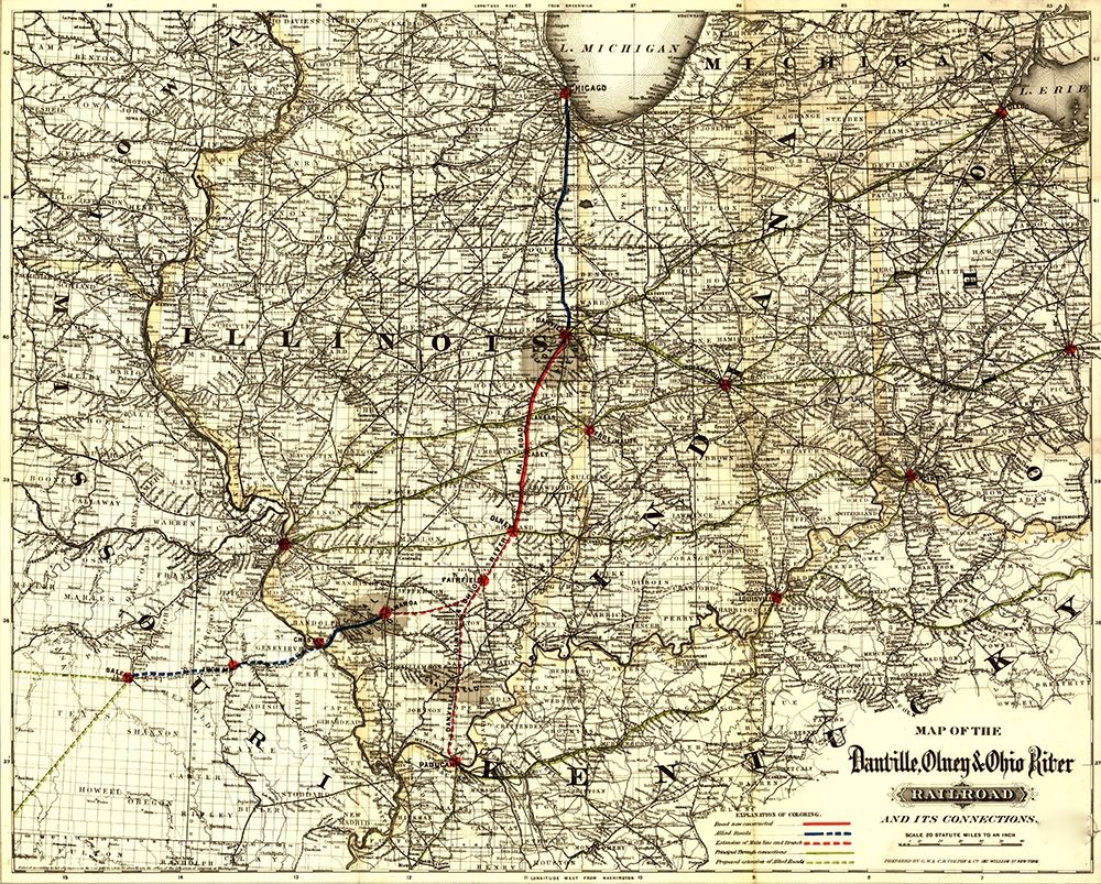 Danville Olney and Ohio River Railroad 1881 art print by Vintage Maps for $57.95 CAD