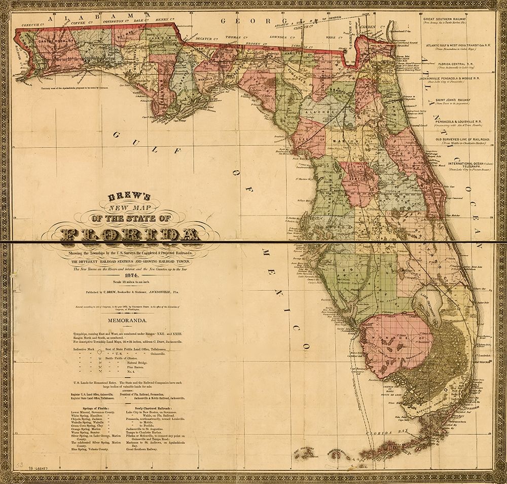 Florida Railway and Township Map 1874 art print by Vintage Maps for $57.95 CAD