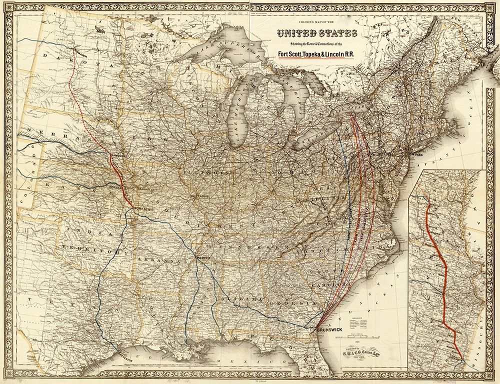 Fort Scott Topeka and Lincoln R R 1883 art print by Vintage Maps for $57.95 CAD