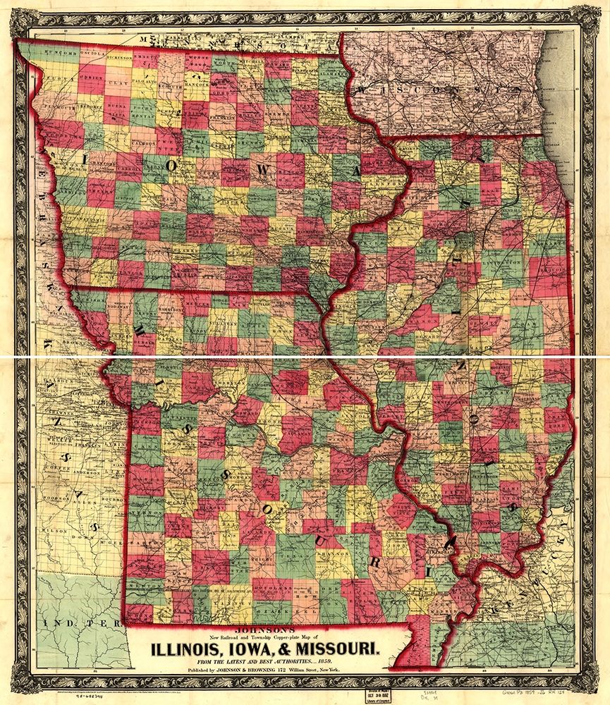 Illinois Iowa and Missouri 1857 art print by Vintage Maps for $57.95 CAD