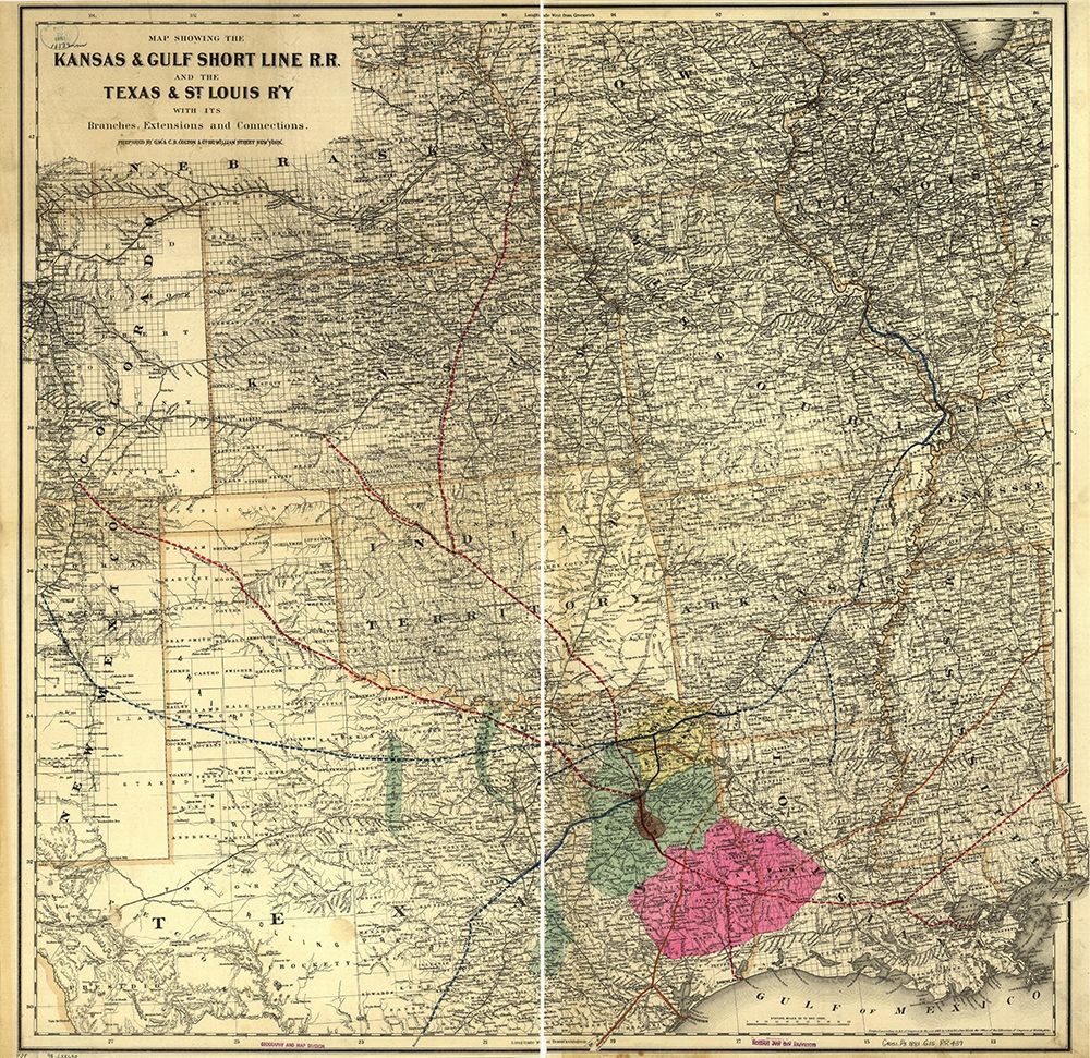 Kansas and Gulf Short Line R R and the Texas and St Louis Railway 1881 art print by Vintage Maps for $57.95 CAD