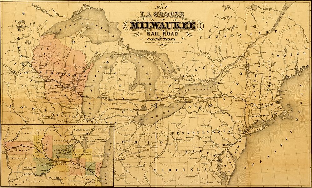 La Crosse and Milwaukee Rail Road 1855 art print by Vintage Maps for $57.95 CAD