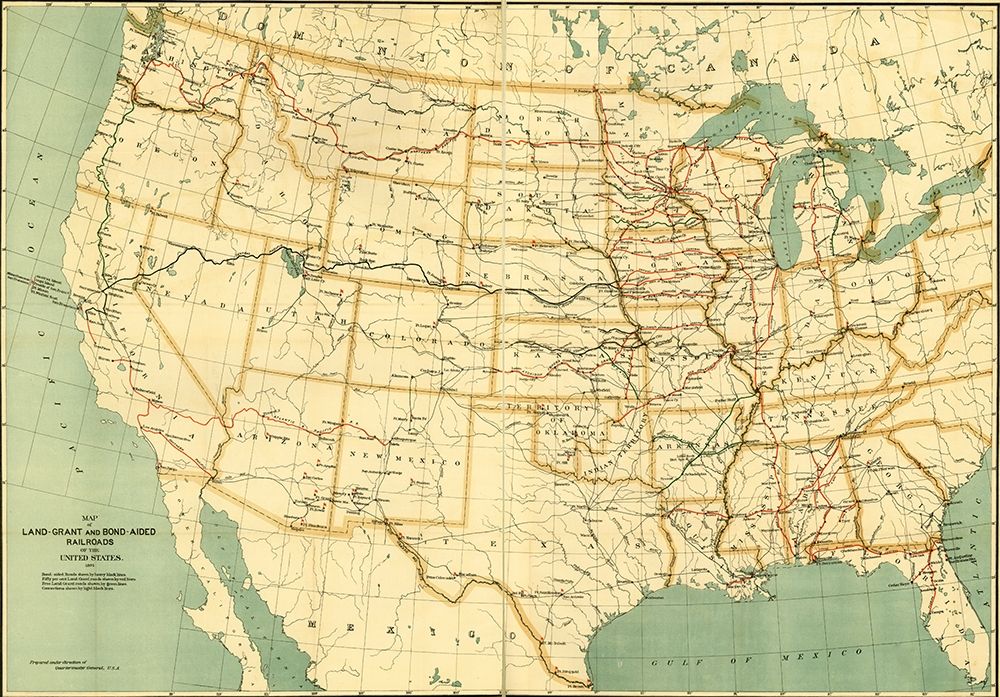 land grant and bond aided railroads of the United States 1892 art print by Vintage Maps for $57.95 CAD