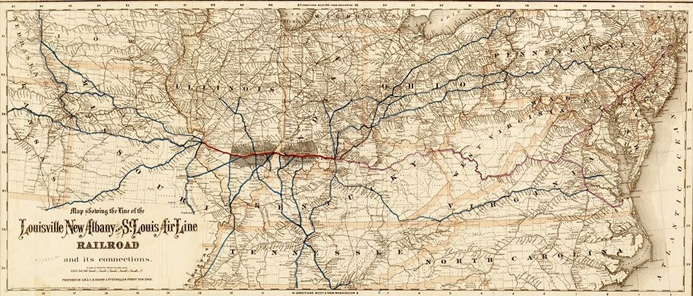 Louisville New Albany and St Louis Air Line Railroad 1872 art print by Vintage Maps for $57.95 CAD