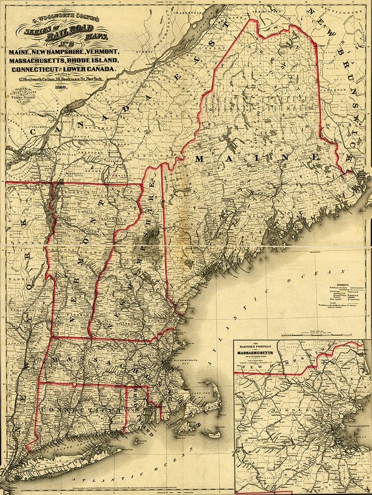 Maine New Hampshire Vermont Massachusetts Rhode Island Connecticut and Lower Canada 1860 art print by Vintage Maps for $57.95 CAD