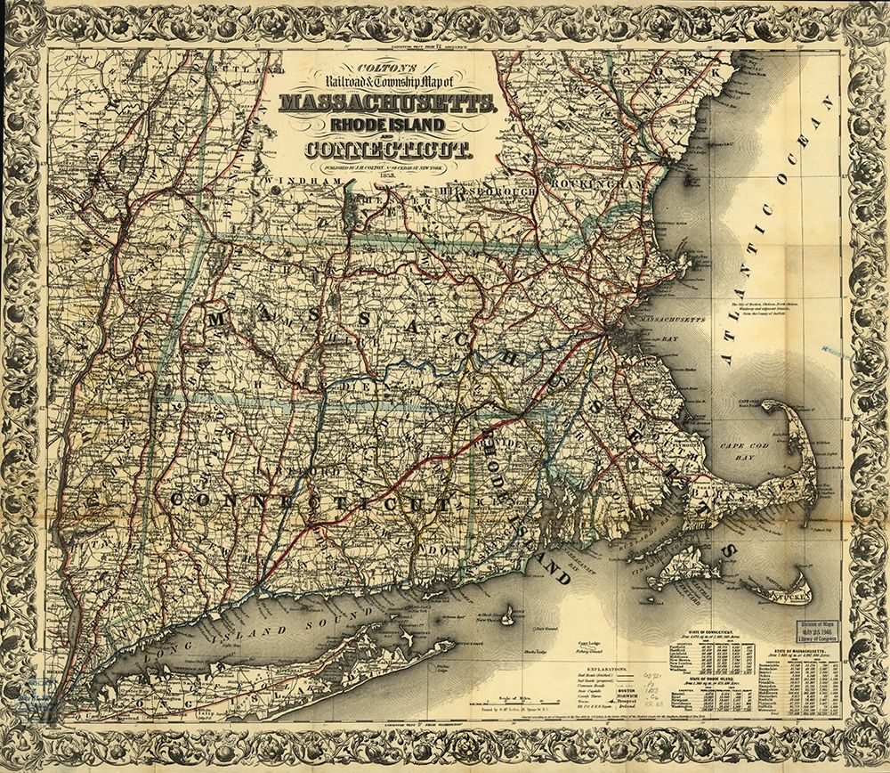 Massachusetts Rhode Island and Connecticut 1853 art print by Vintage Maps for $57.95 CAD