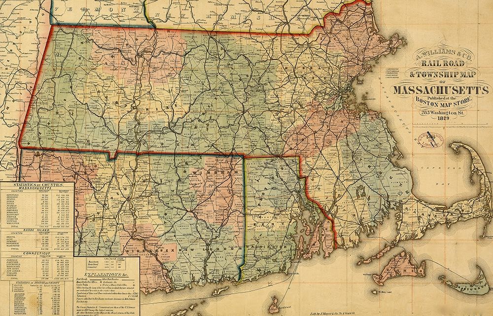 Railroad and township map of Massachusetts 1879 art print by Vintage Maps for $57.95 CAD