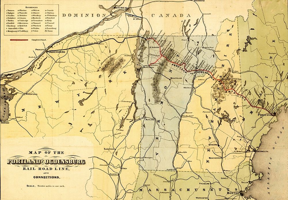 Portland and Ogdensburg Rail Road 1850 art print by Vintage Maps for $57.95 CAD