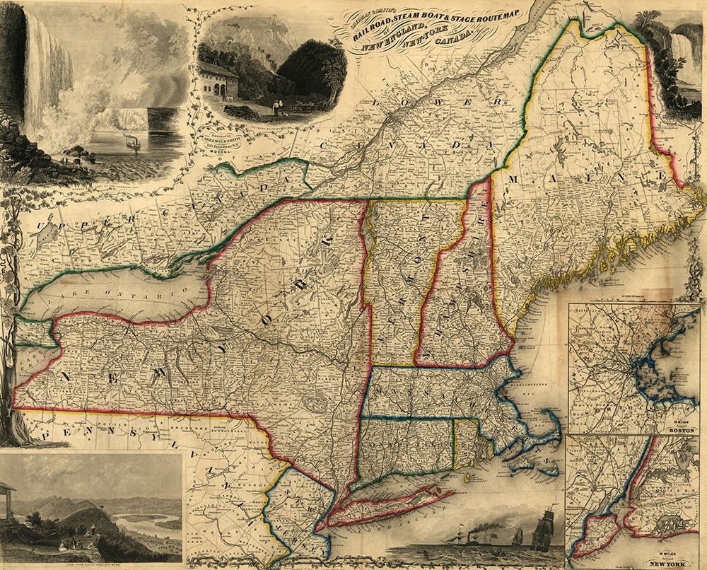 Railroad steam boat and stage route map of New England New York and Canada 1850 art print by Vintage Maps for $57.95 CAD