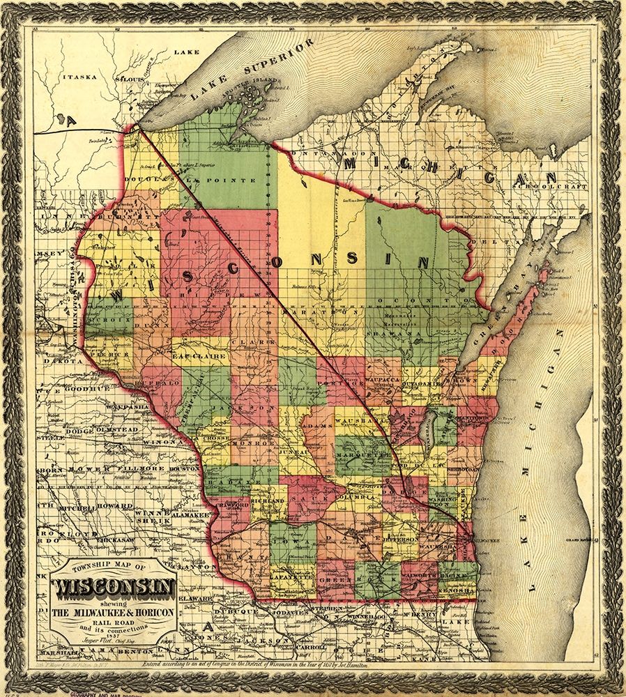 Wisconsin showing The Milwaukee and Horicon Rail Road 1857 art print by Vintage Maps for $57.95 CAD
