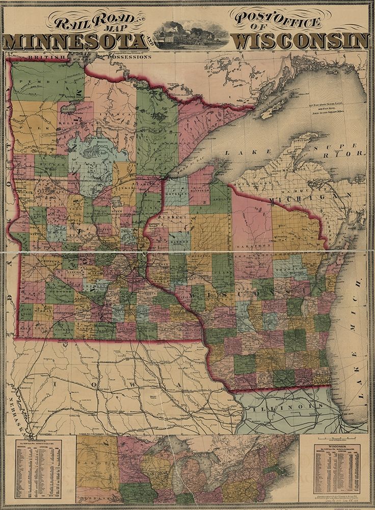Railroad and post office map of Minnesota and Wisconsin 1871 art print by Vintage Maps for $57.95 CAD