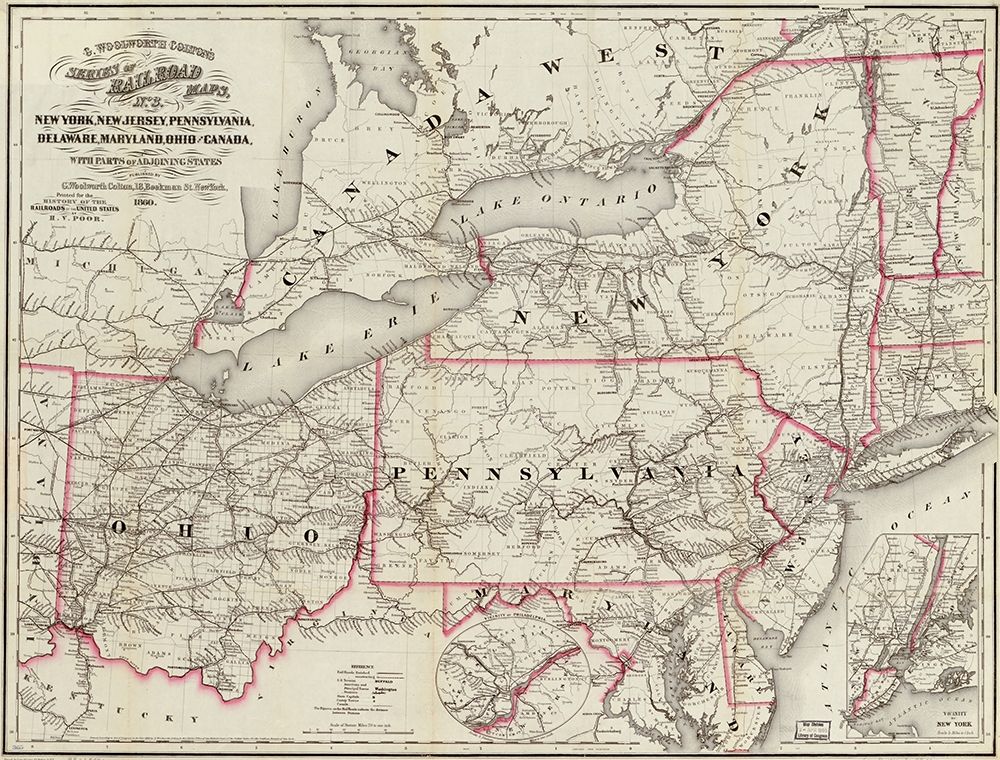 New York New Jersey Pennsylvania Delaware Maryland Ohio and Canada 1860 art print by Vintage Maps for $57.95 CAD