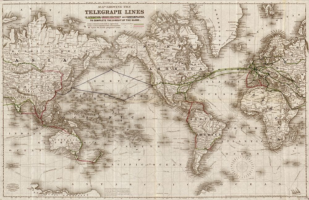 World Telegraph Lines 1871 art print by Vintage Maps for $57.95 CAD