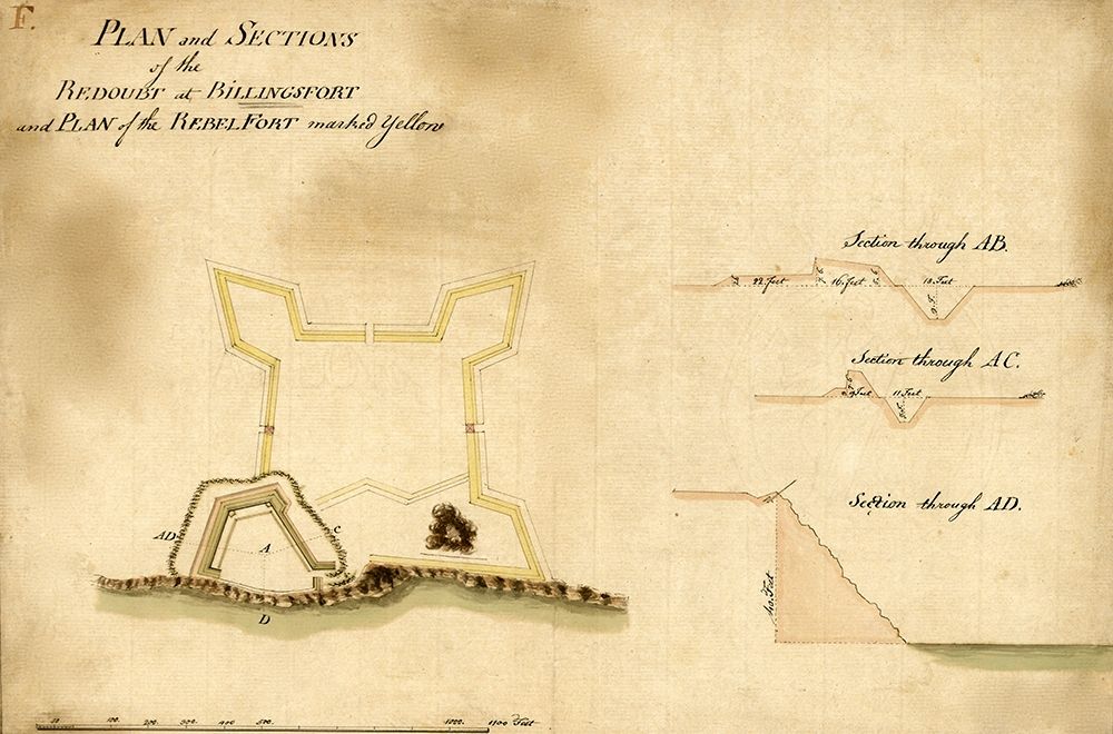 Plan and sections of the redoubt at Billingsfort 1777 art print by Vintage Maps for $57.95 CAD