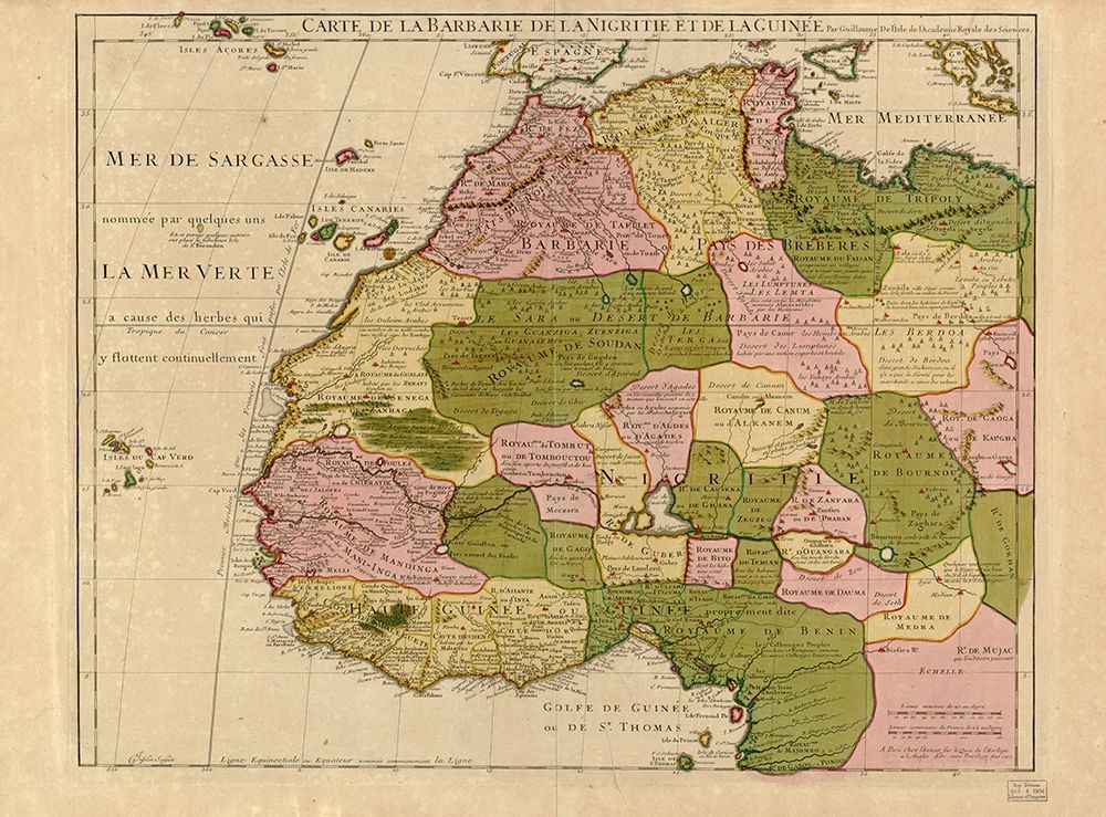 Map of Barbary and Black Africa and Guinee art print by Guillaume de I sle for $57.95 CAD