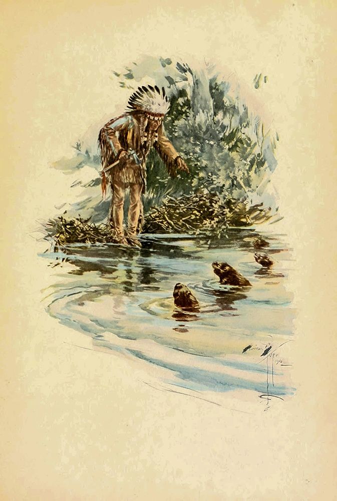 Indian and otters from The Song of Hiawatha 1906 art print by Harrison Fisher for $57.95 CAD