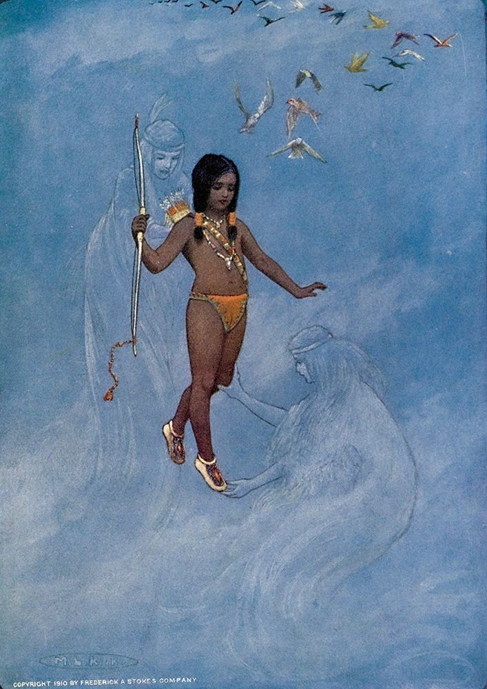 He was held by unseen hands from Story of Hiawatha 1910 art print by Maria Kirk for $57.95 CAD