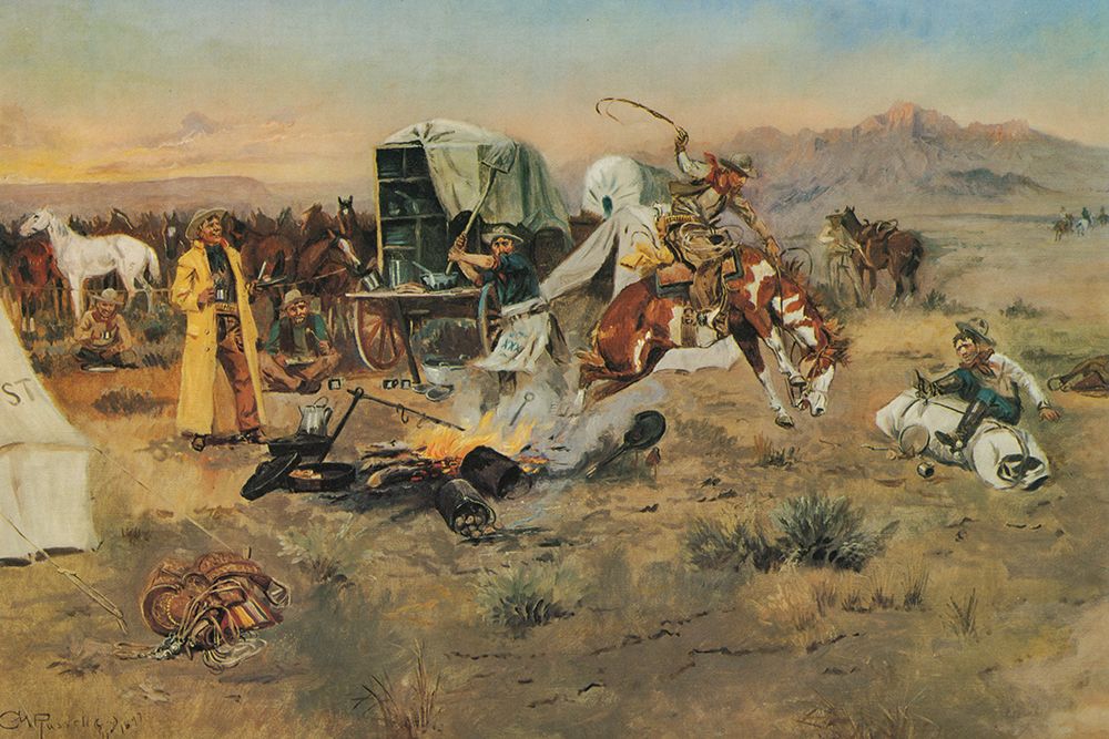 Bronc in Cow Camp art print by Charles Marion Russell for $57.95 CAD