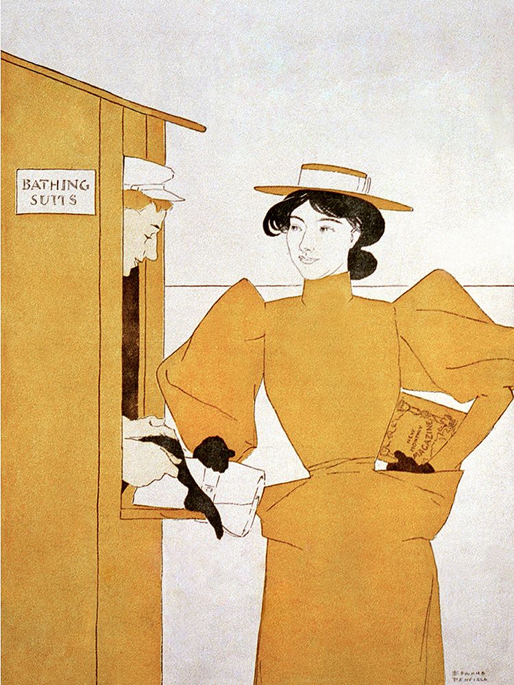 woman picking up bathing suits art print by Edward Penfield for $57.95 CAD
